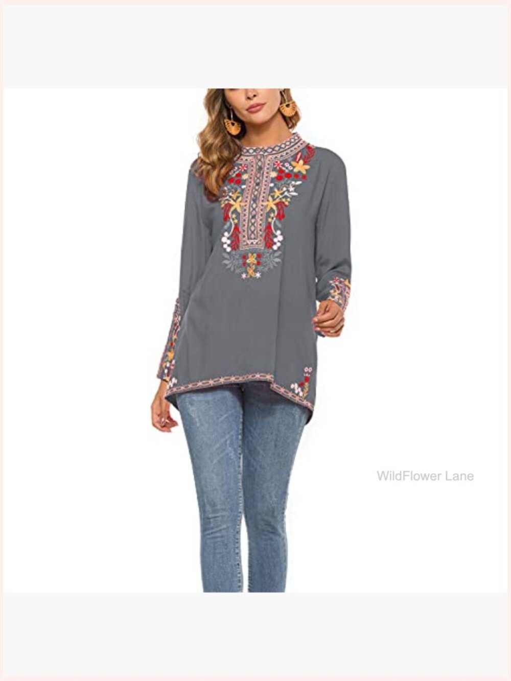 Boho Embroidered Long Sleeve Tunic Blouse Women Peasant Top - Picture 6 of 6